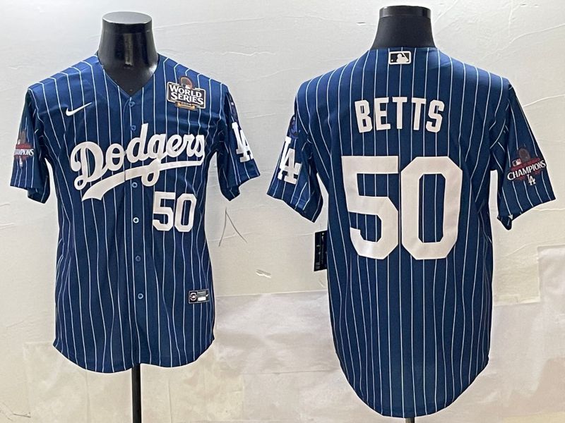 Men Los Angeles Dodgers #50 Betts Blue Stripe Game Nike 2025 MLB Jersey style 3